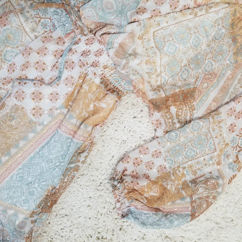 Dress. Aqua Tan Cream Gold. Paisley Floral Print. Peach Love Brand. Size L. NWT. - Picture 8 of 13